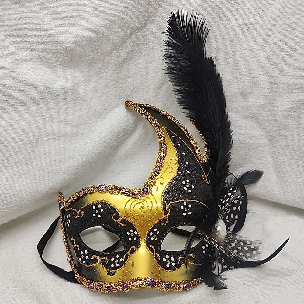 Mask Venetian Beistle Feathered and Jeweled Mardi Gras Masquerade Gold Black